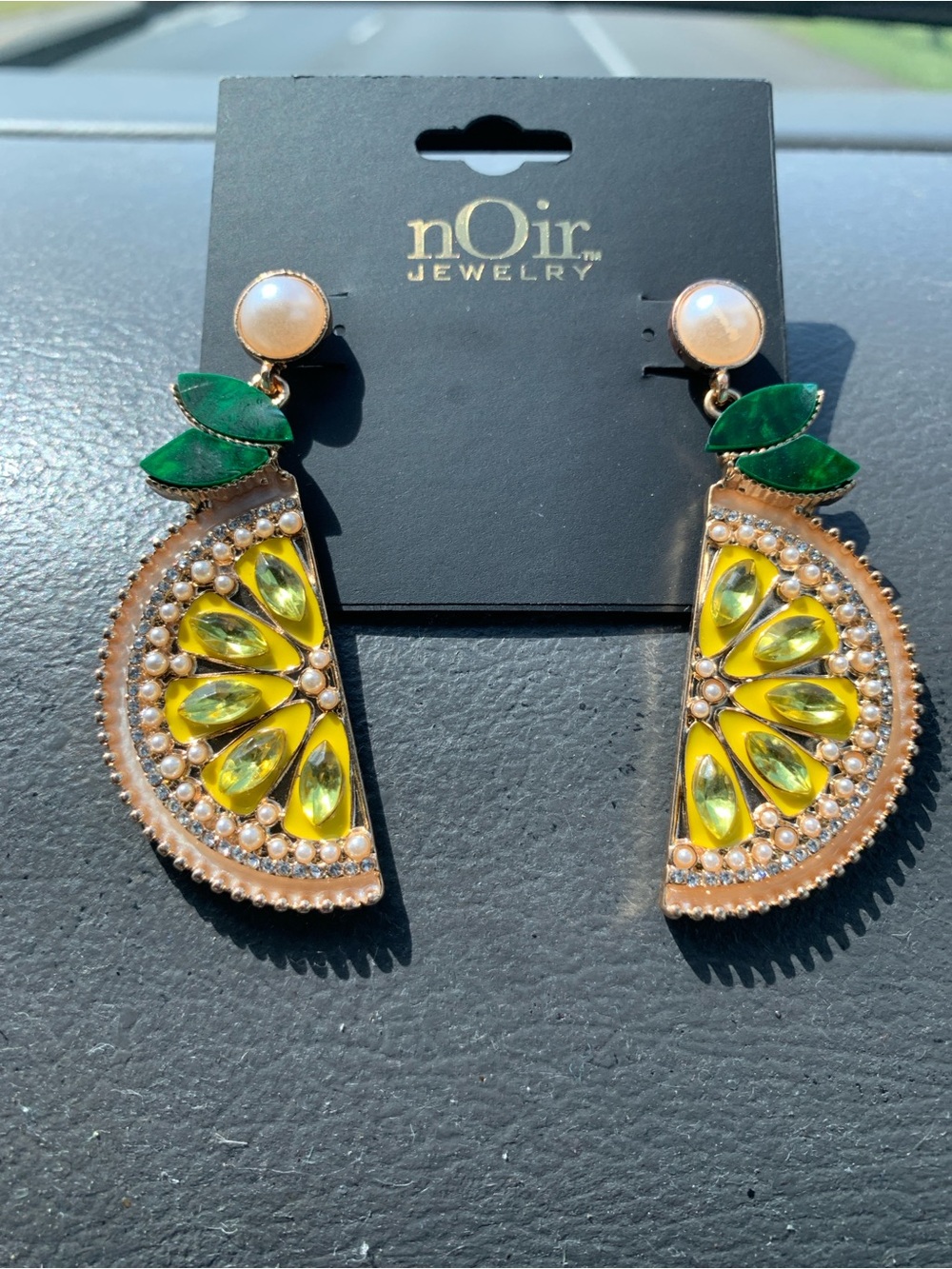 nOir Jewelry Yellow & Green Lemon Slice Drop Earrings with Pearl Studs